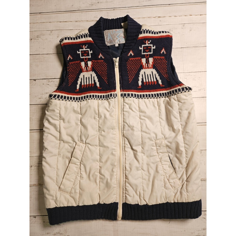 Vintage Alpine Ski Puffer Vest Thunderbird Knit Yoke Navy Cream Mens‎ Small 80s
